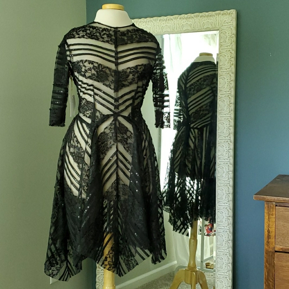 Illusion asymmetric raw lace cocktail dress